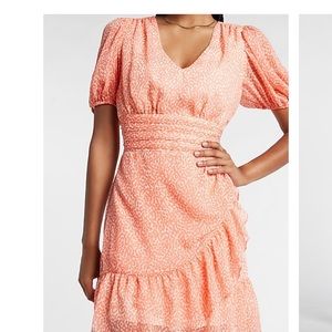 Express printed ruffle wrap puff sleeve dress